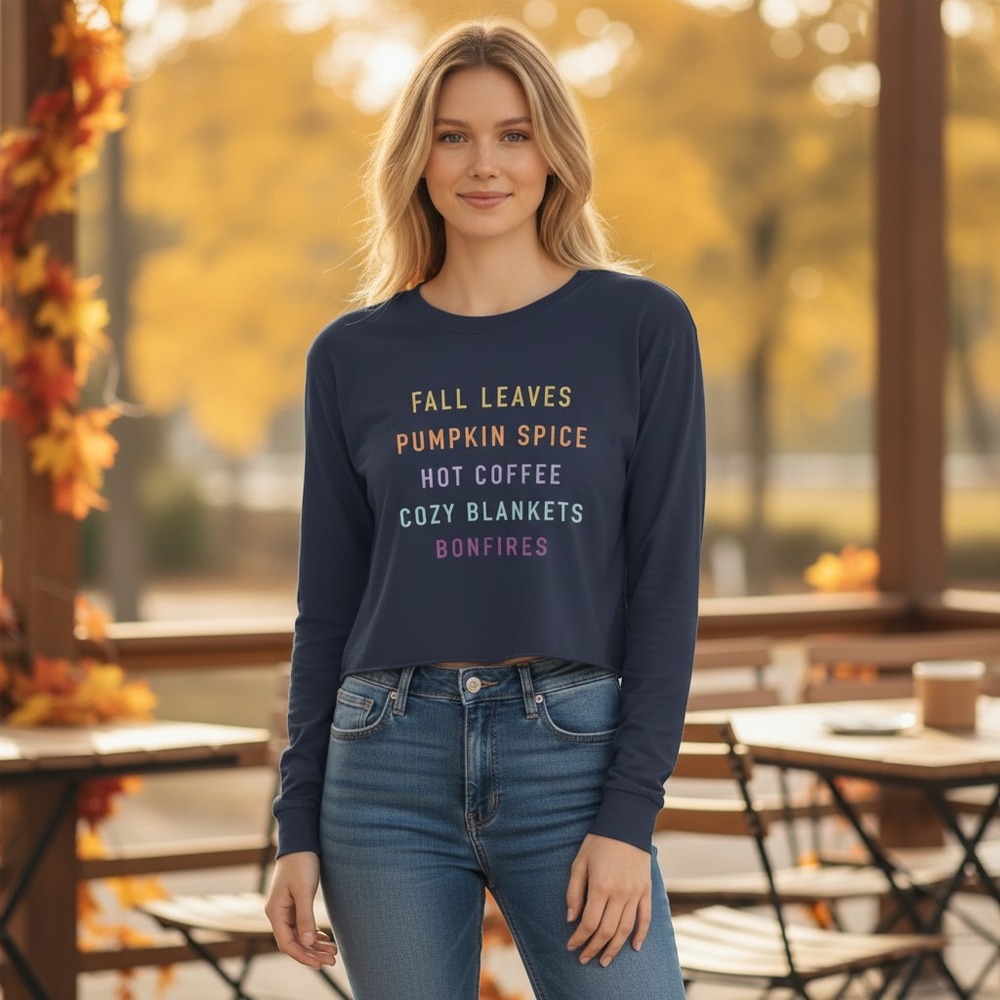 Fifth Sun Womens Navy Fall Leaves Pumpkin Spice Cropped Long Sleeve Tee Medium